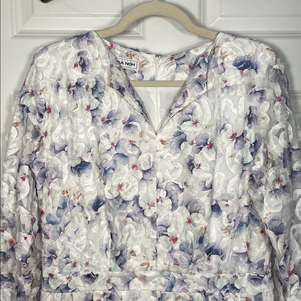 Nora Noh Indigo Pansy Dress Women’s Size 12 Floral 3D Midi 3/4 Sleeve Split Neck - Picture 2 of 16